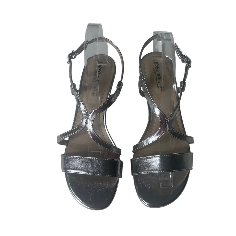 LifeStride Nolita Silver Metallic Strappy Kitten‎ Heel Sandals Womens 9M Dressy